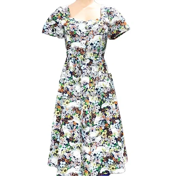 ModCloth Fit & Flare Midi Dress Retro 50s Blue Whimsical Floral Cat Cotton Sz 0 - Picture 8 of 8